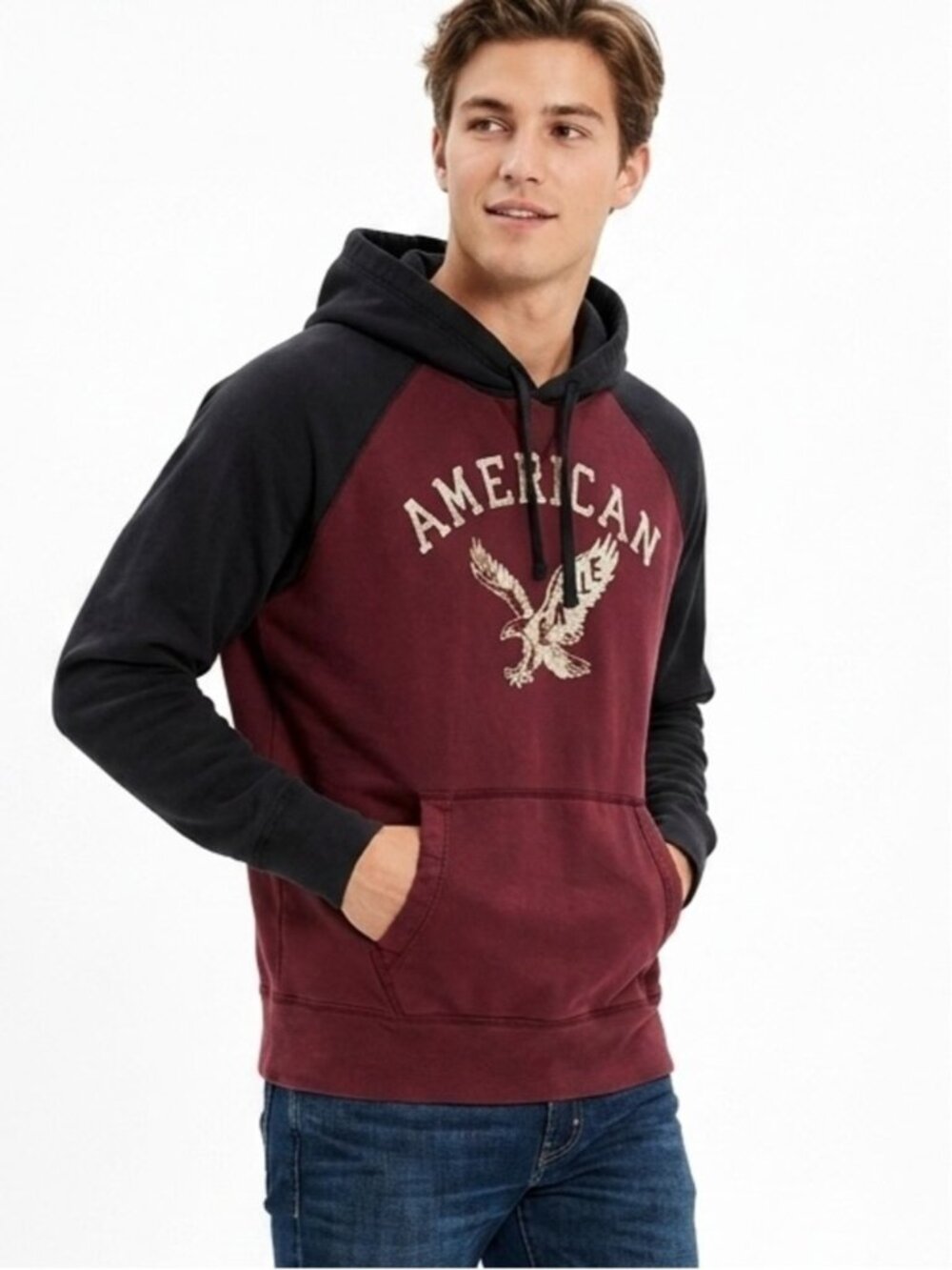 American Eagle Raglan Hoodie Burgundy Black Distressed Eagle Graphic Medium -576